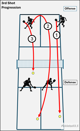 Court illustration of a pickleball court showing the pickleball drop, drive and lob shot.